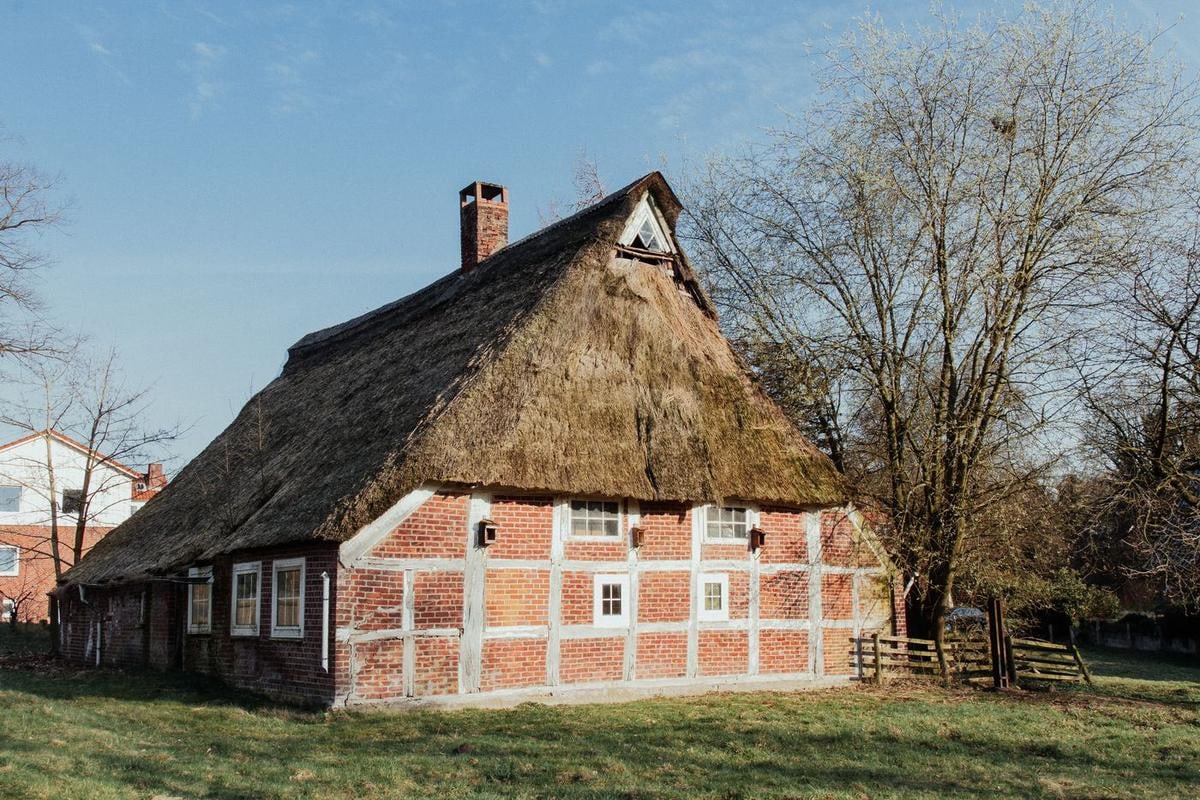 Langes Fachwerkhaus mit dunklem Reetdach in der Sonne.
