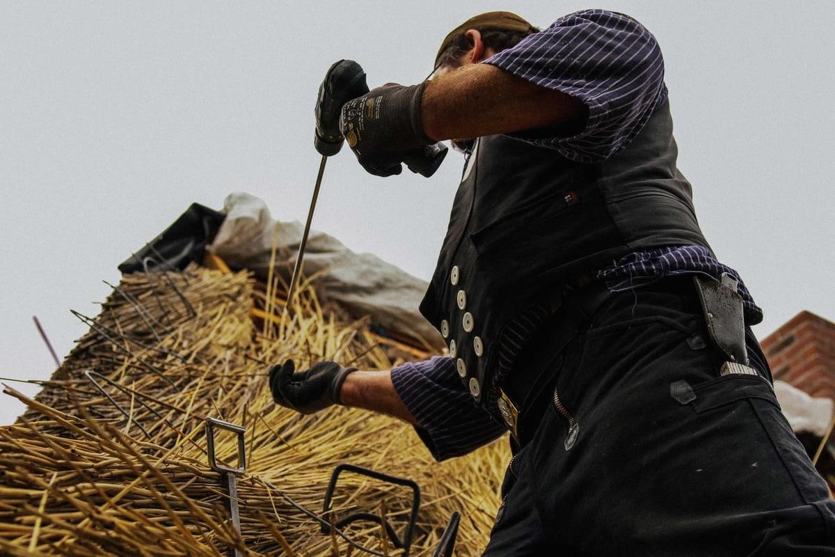 Handwerker stößt ein Werkzeug in altes Reet.