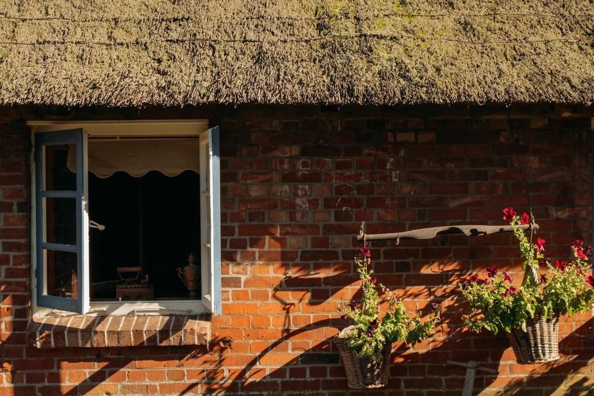 Backsteinwand mit offenem Fenster und Blumen, darüber Reet.