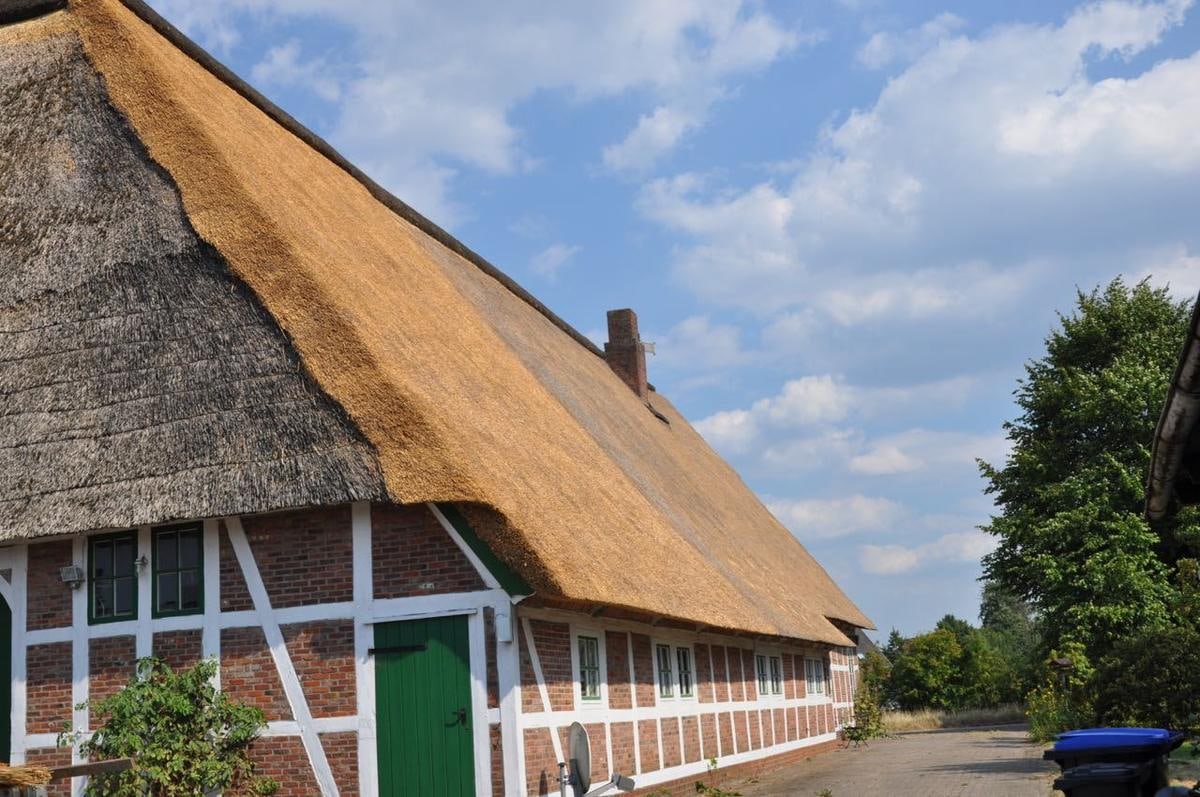 Fachwerkgiebel mit grüner Tür unter neuem Reetdach.
