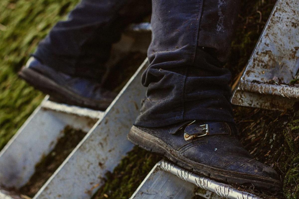 Stiefel auf den Sprossen einer Leiter am Dach.