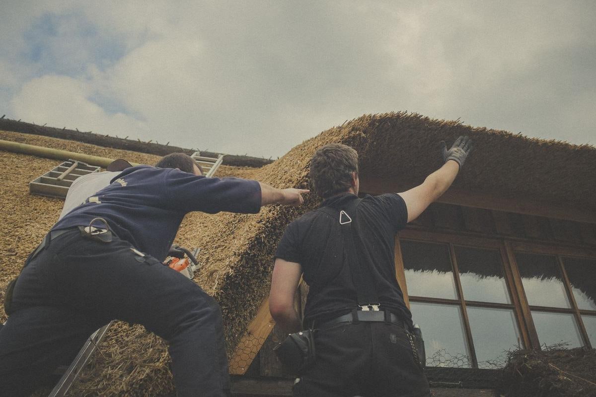 Zwei Handwerker arbeiten an der Reetkante über einem Fenster.